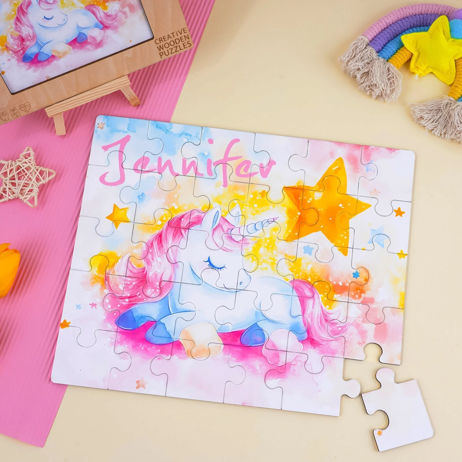 Personalized Wooden Baby Name Jigsaw Puzzle - Sleeping Unicorn - Image 3