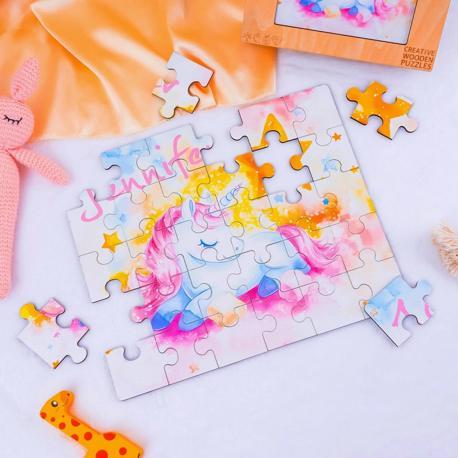 Personalized Wooden Baby Name Jigsaw Puzzle - Sleeping Unicorn - Image 4