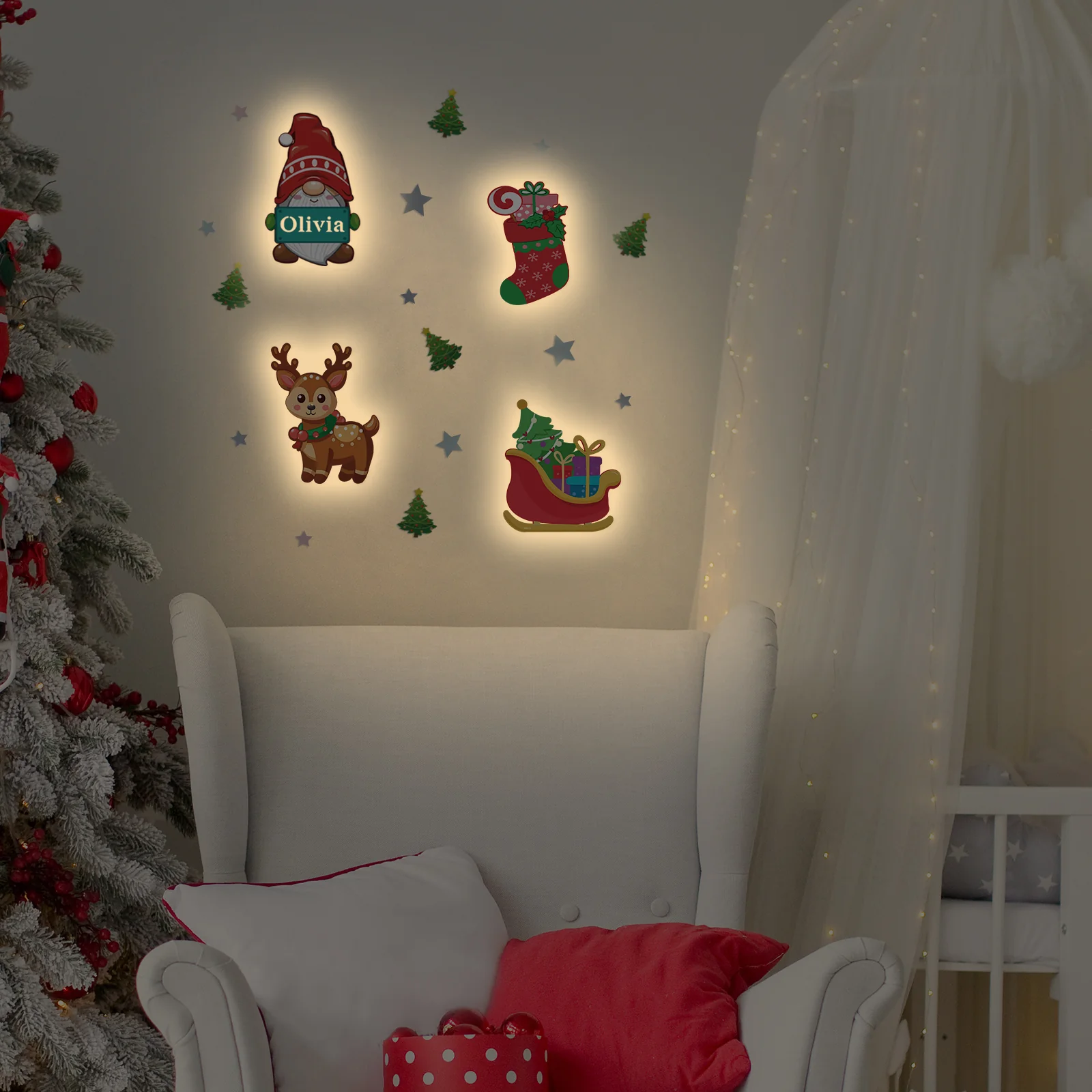 Personalized Wooden Baby's Room Wall Light Set-Christmas Theme - Image 5