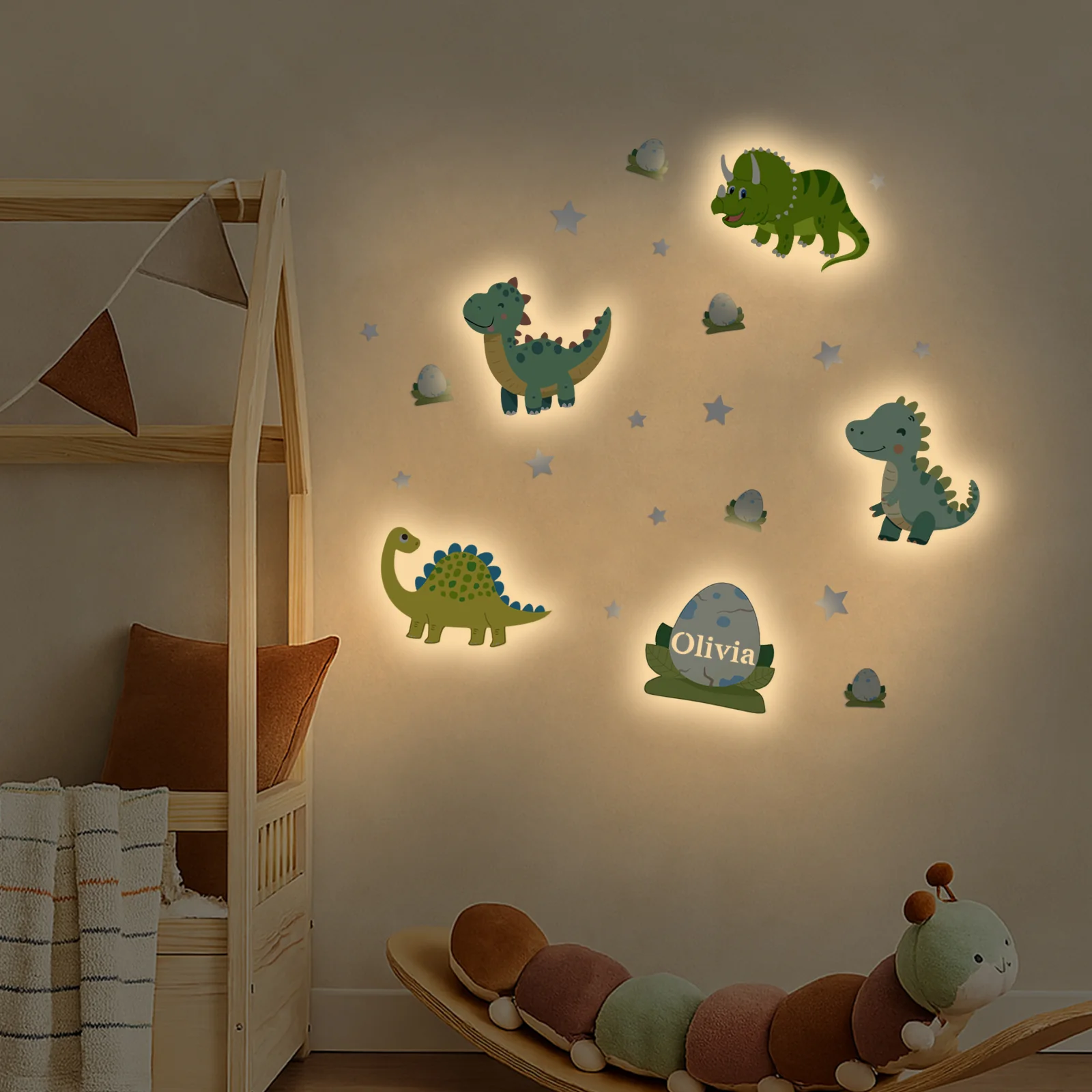 Personalized Wooden Baby's Room Wall Light Set-Dinosaur Theme - Image 3