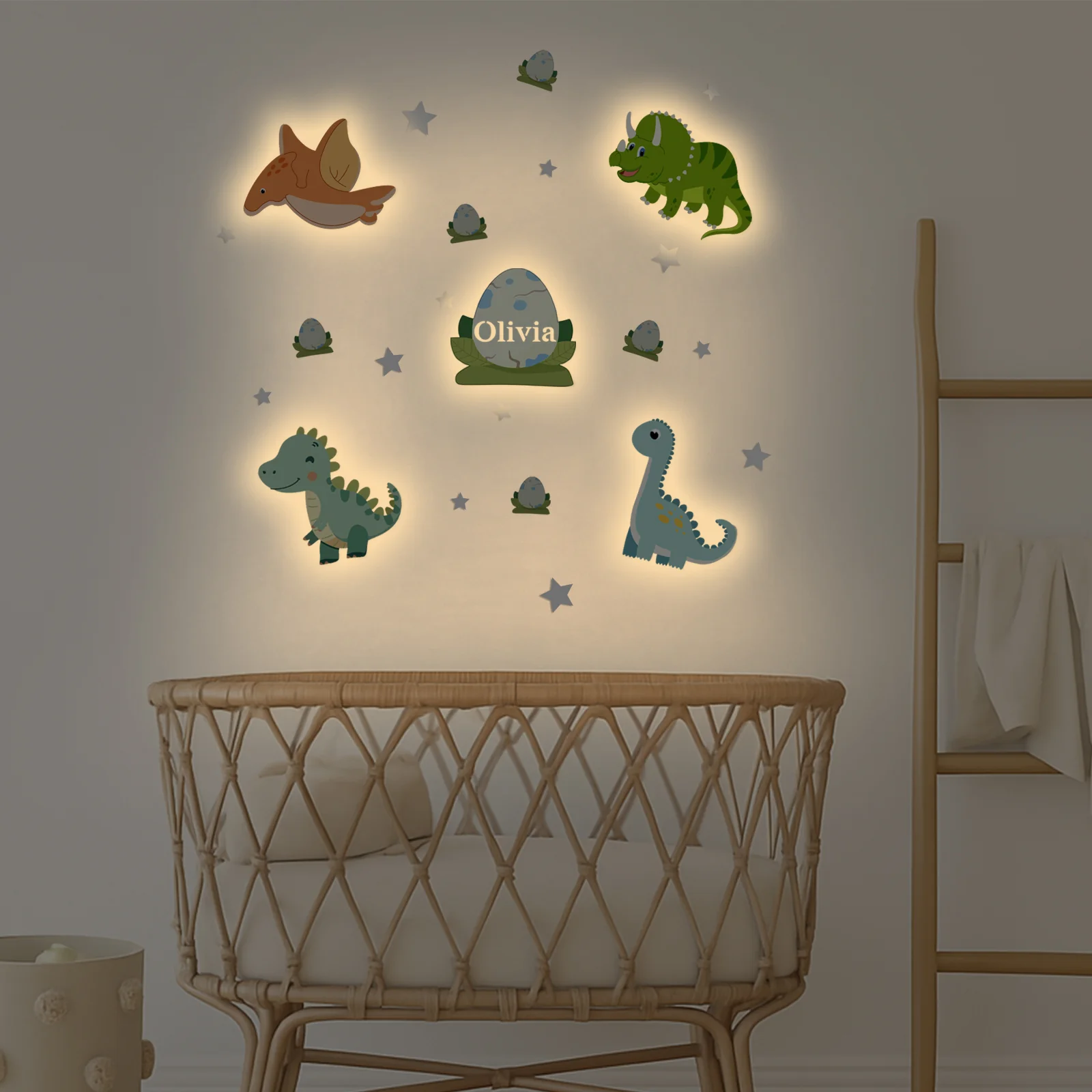 Personalized Wooden Baby's Room Wall Light Set-Dinosaur Theme - Image 4