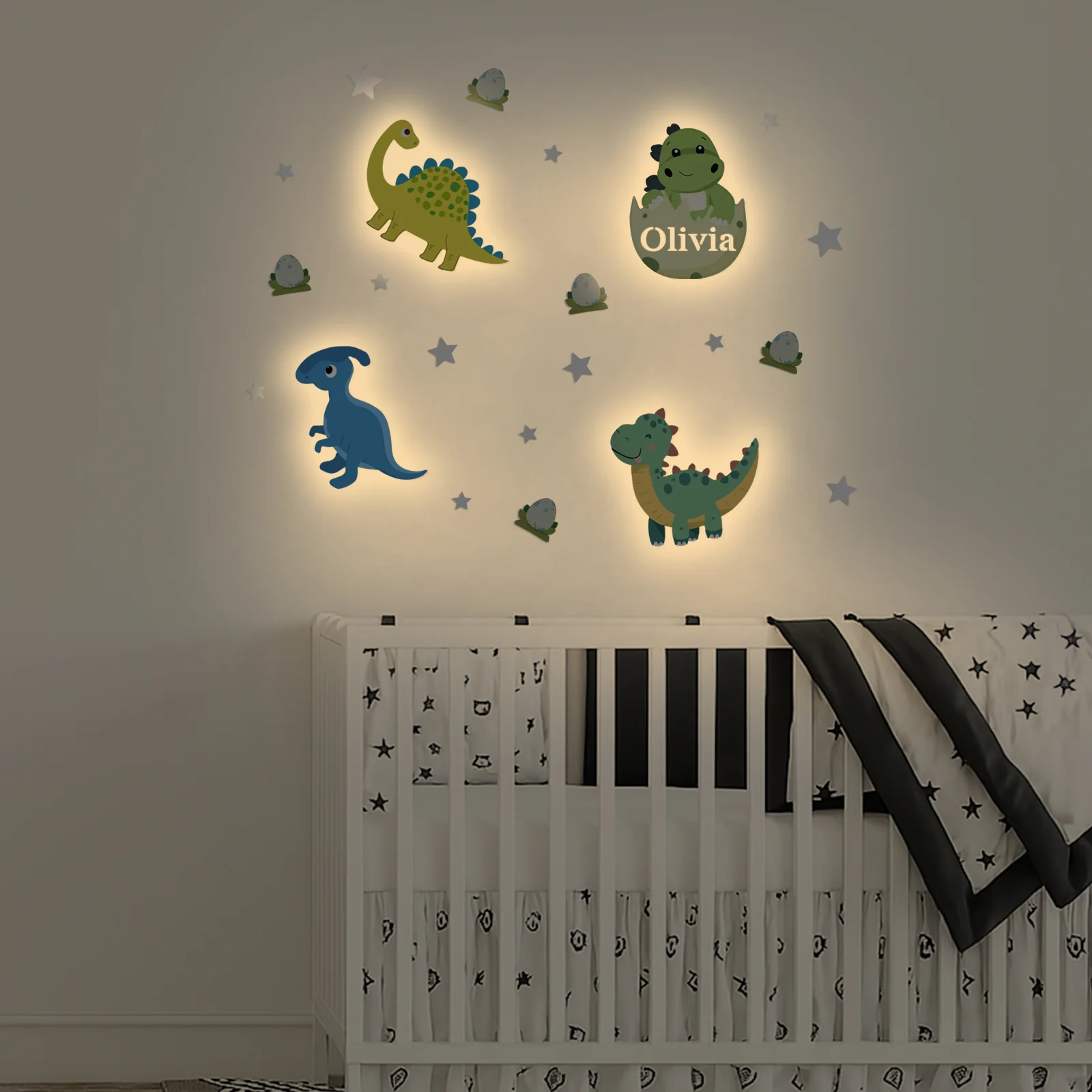 Personalized Wooden Baby's Room Wall Light Set-Dinosaur Theme - Image 5