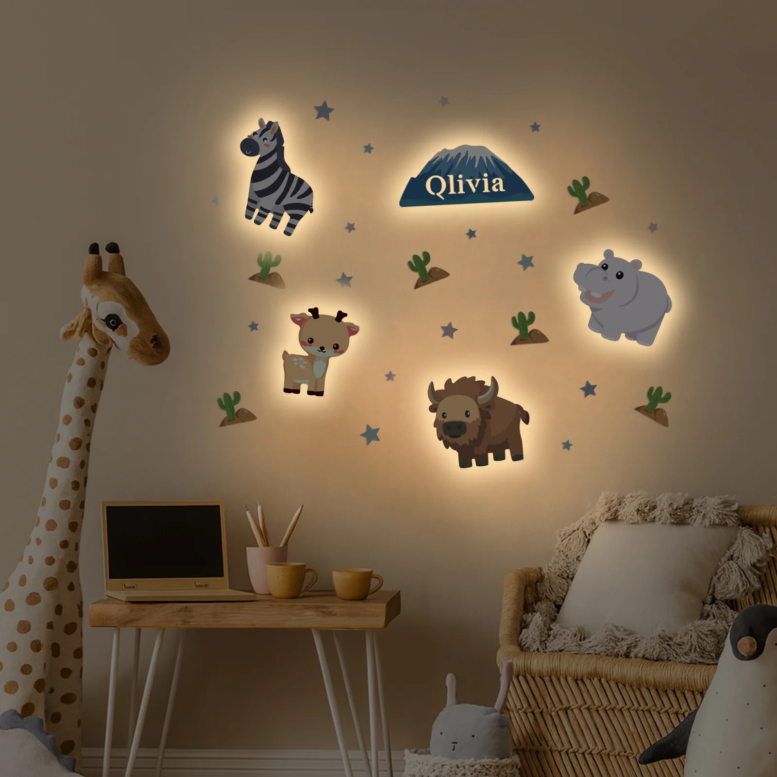 Personalized Wooden Baby's Room Wall Light Set-Grassland Theme - Image 3
