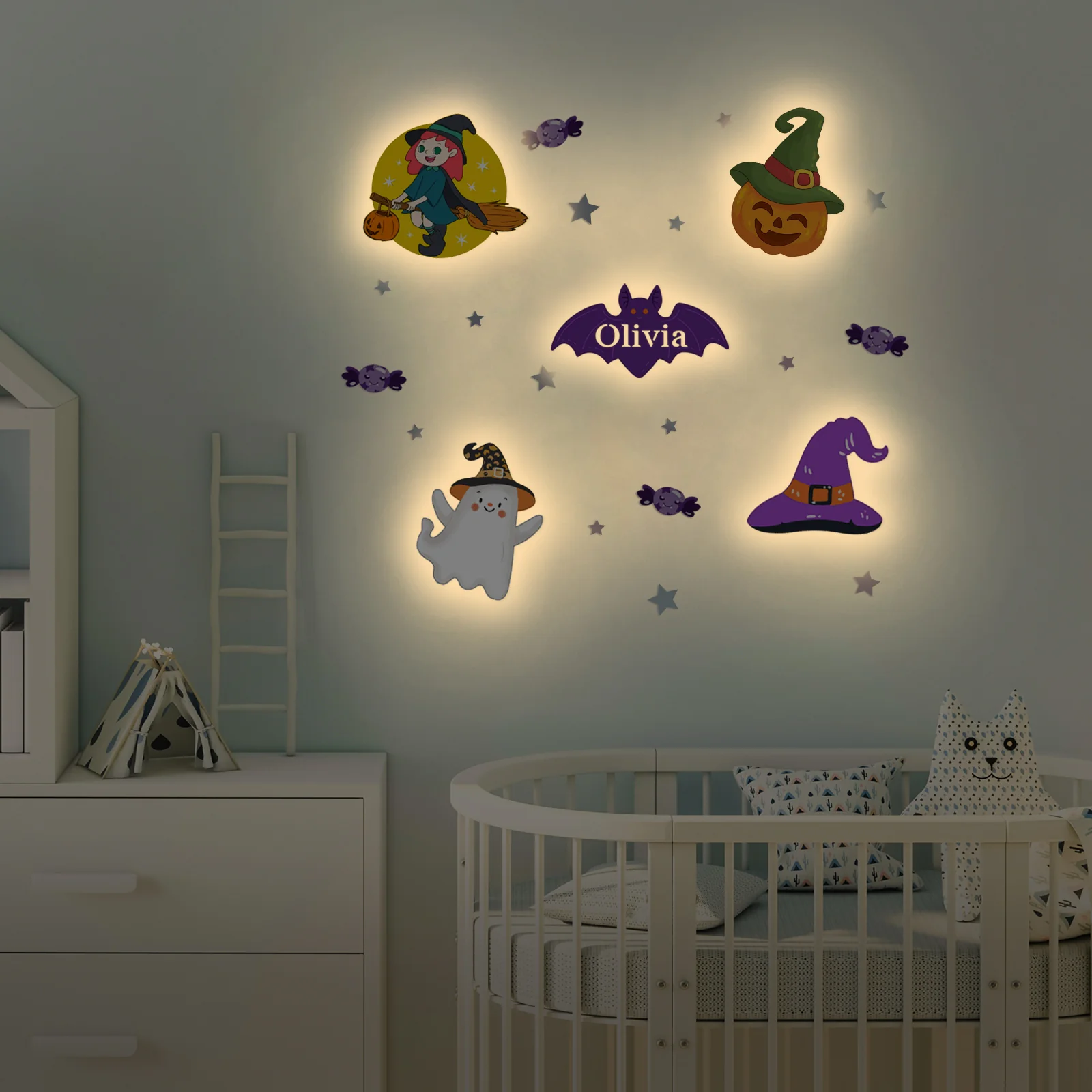 Personalized Wooden Baby's Room Wall Light Set-Halloween Theme - Image 3
