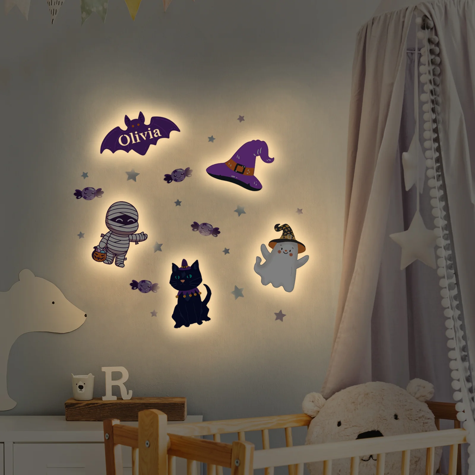 Personalized Wooden Baby's Room Wall Light Set-Halloween Theme - Image 4