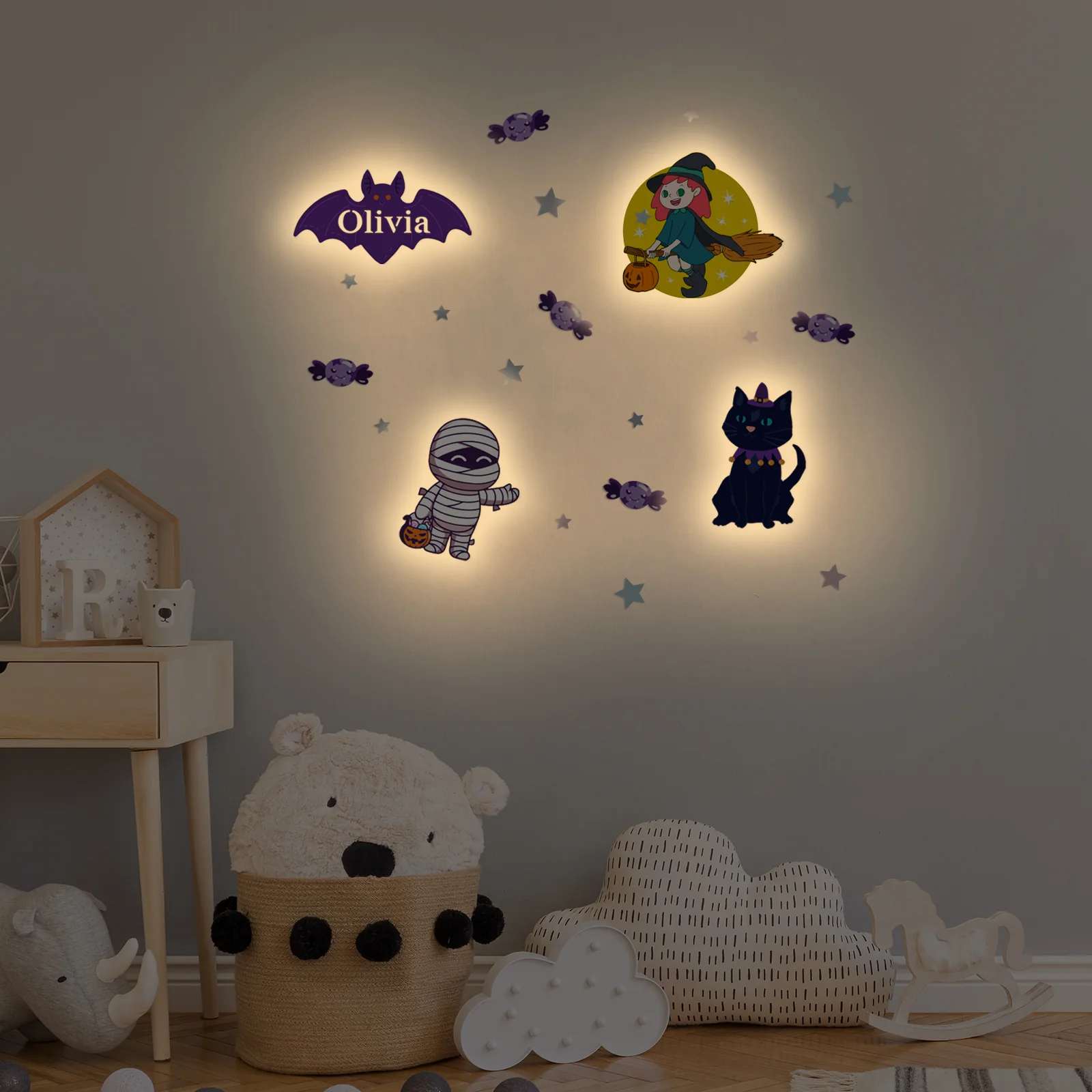 Personalized Wooden Baby's Room Wall Light Set-Halloween Theme - Image 5