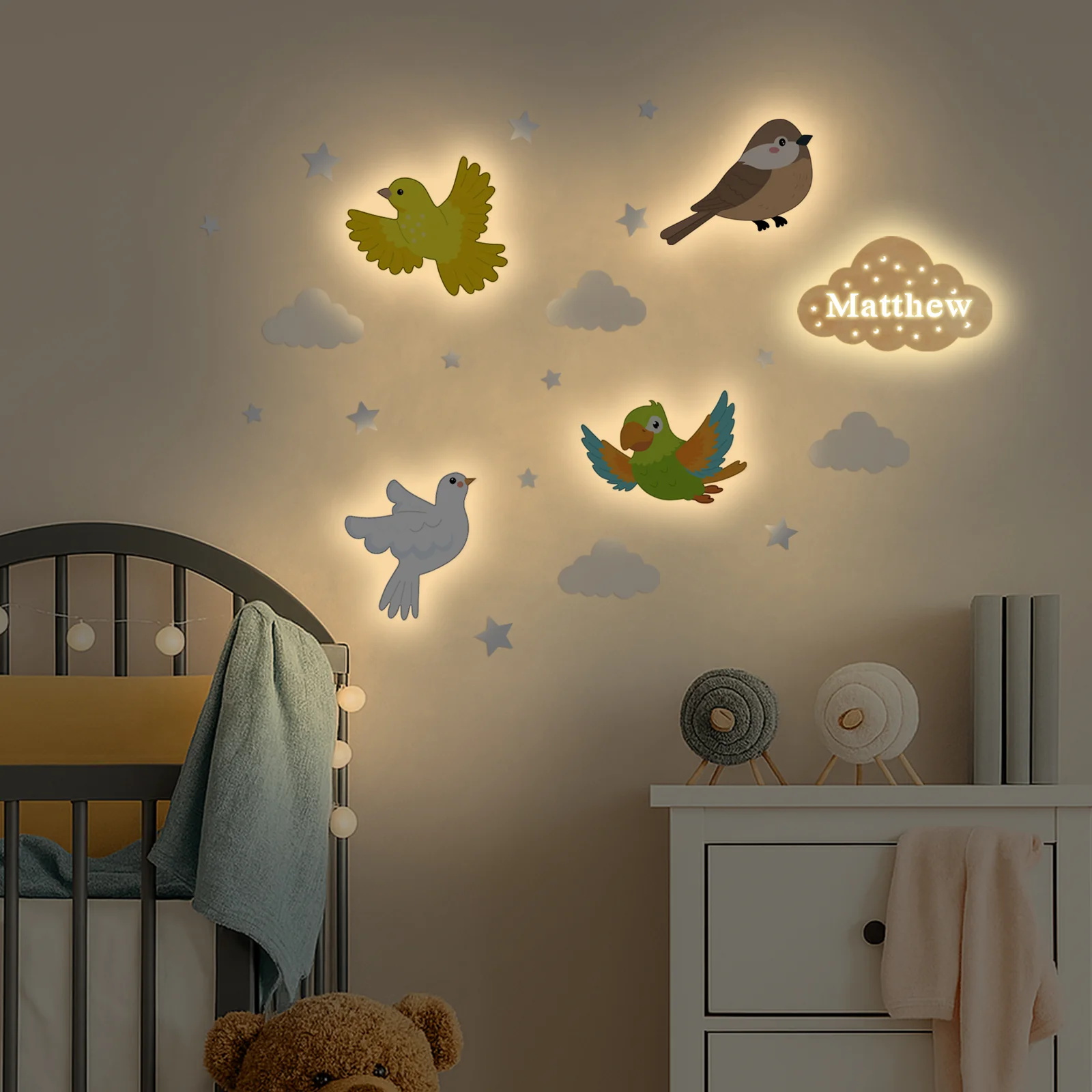 Personalized Wooden Baby's Room Wall Light Set-Sky Animal Theme - Image 3
