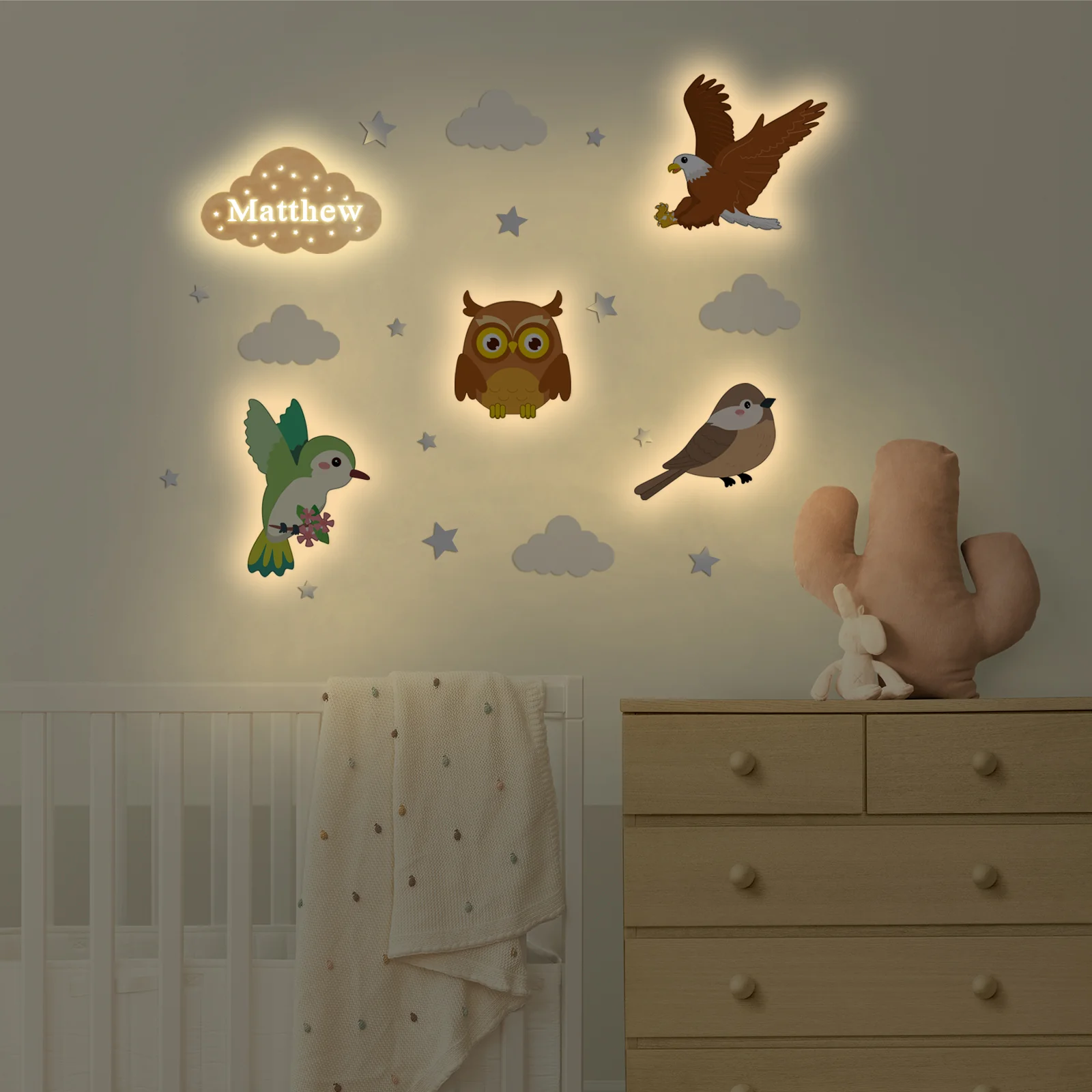 Personalized Wooden Baby's Room Wall Light Set-Sky Animal Theme - Image 4