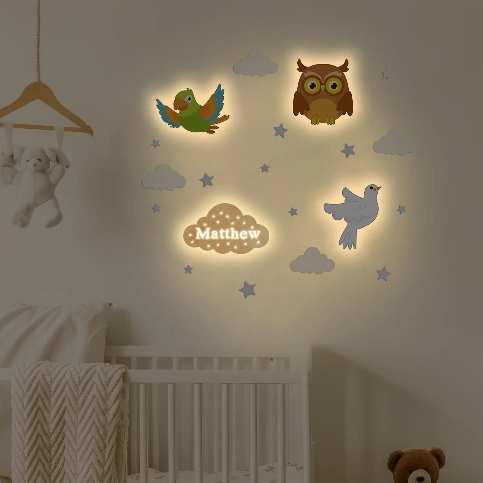 Personalized Wooden Baby's Room Wall Light Set-Sky Animal Theme - Image 5