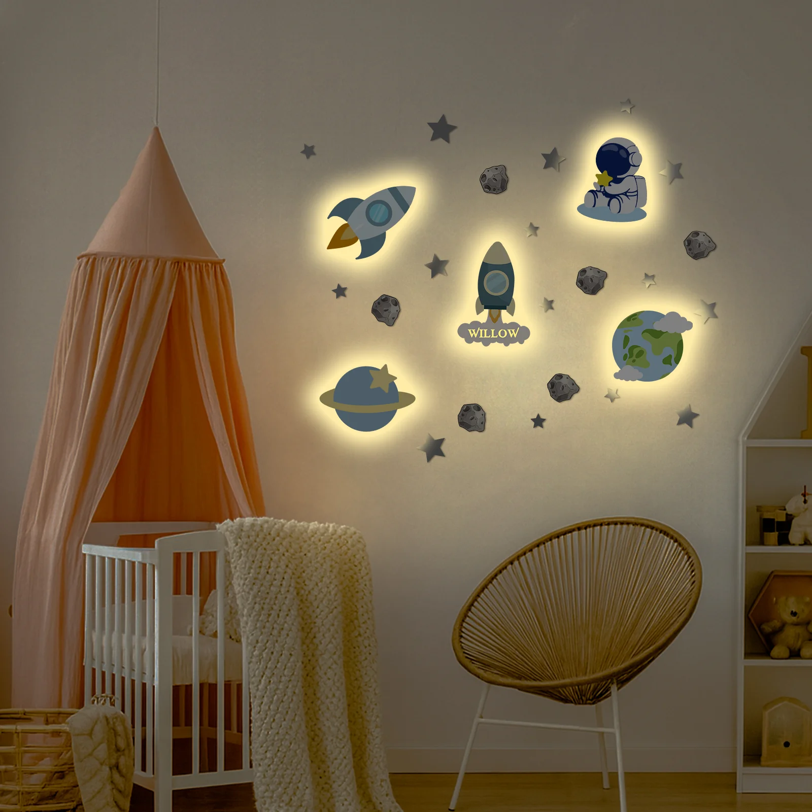 Personalized Wooden Baby's Room Wall Light Set-Space Model - Image 4