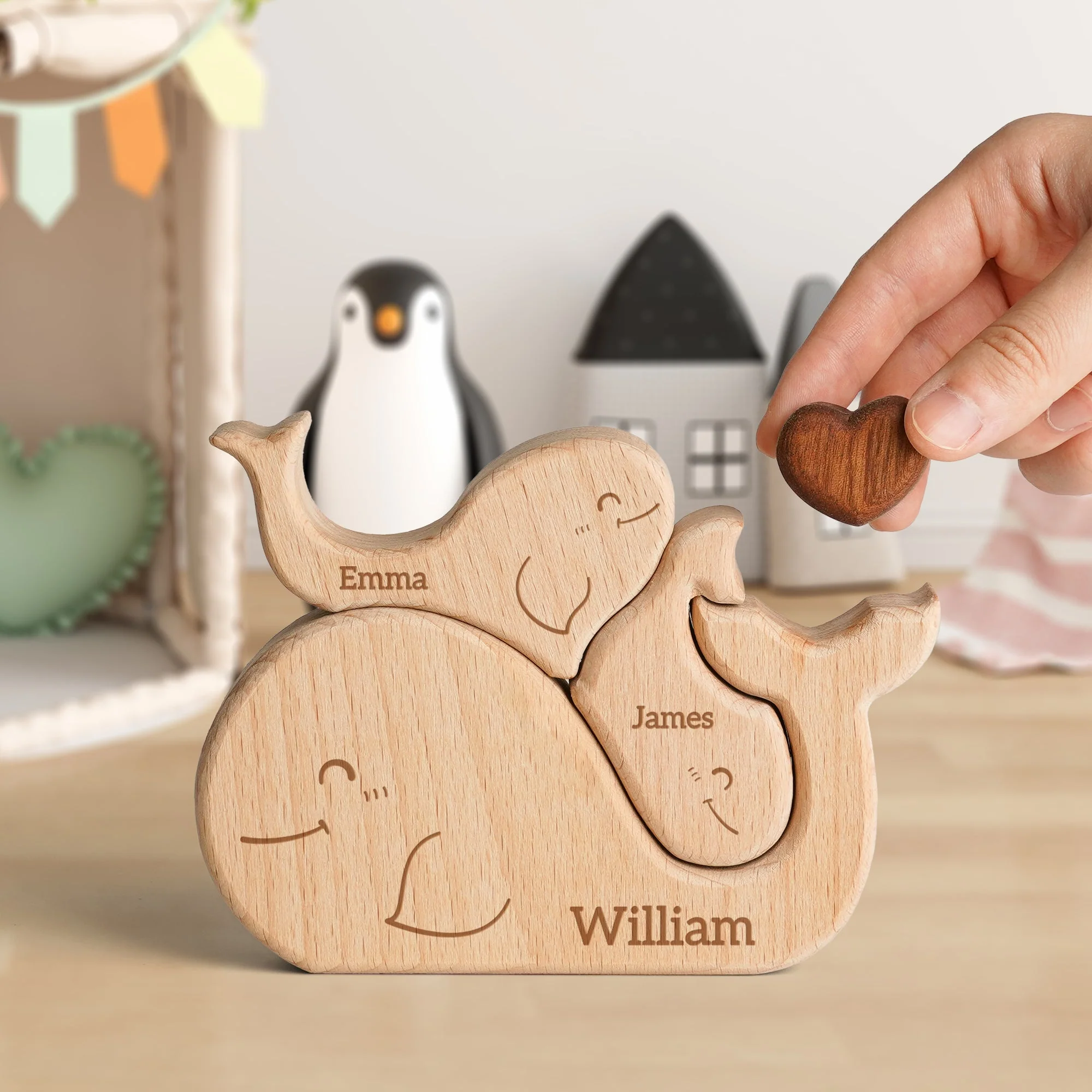 Personalized Wooden Whales Family Puzzle Decor - Image 3