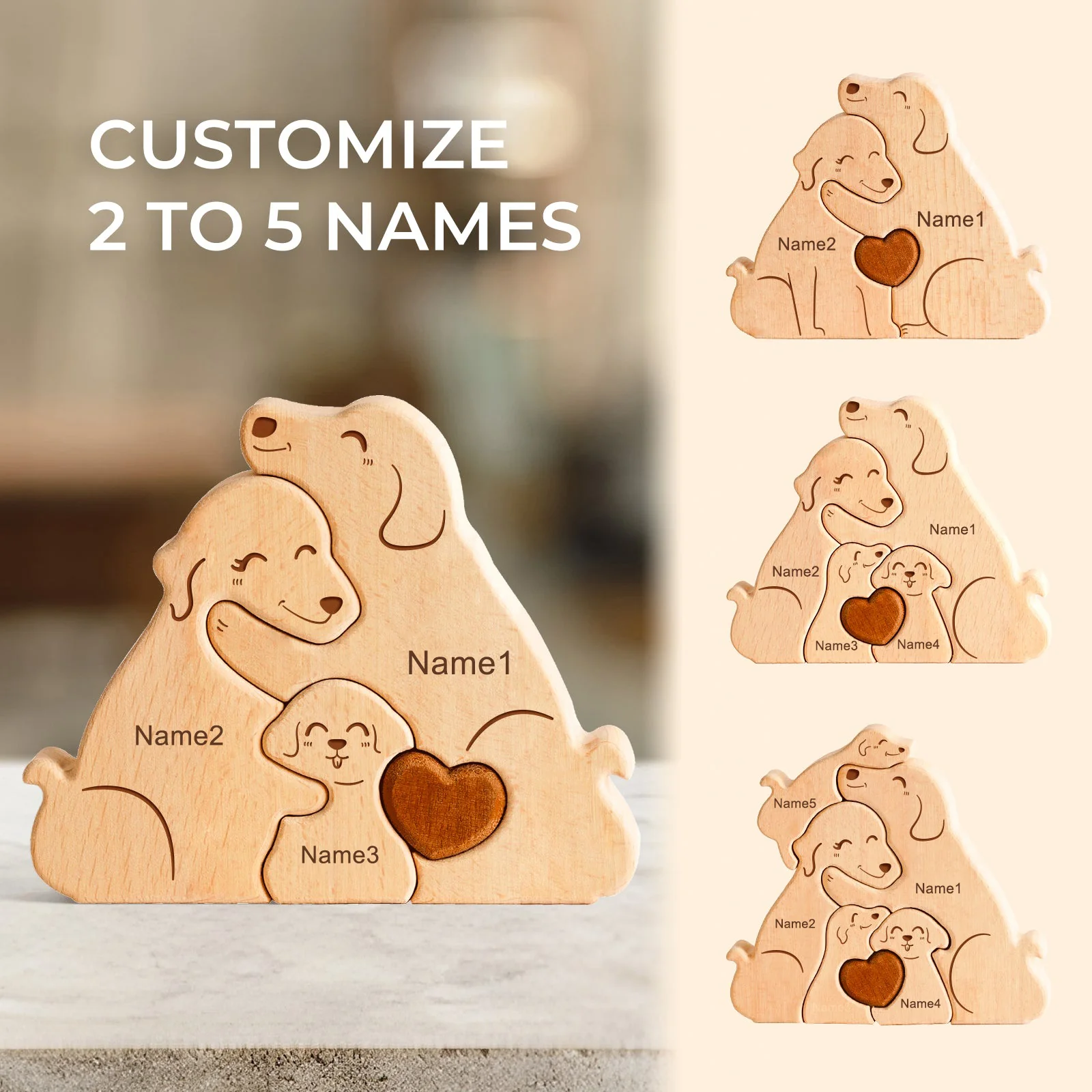Personalized Wooden Cute Dog Family Puzzle Decor - Image 2