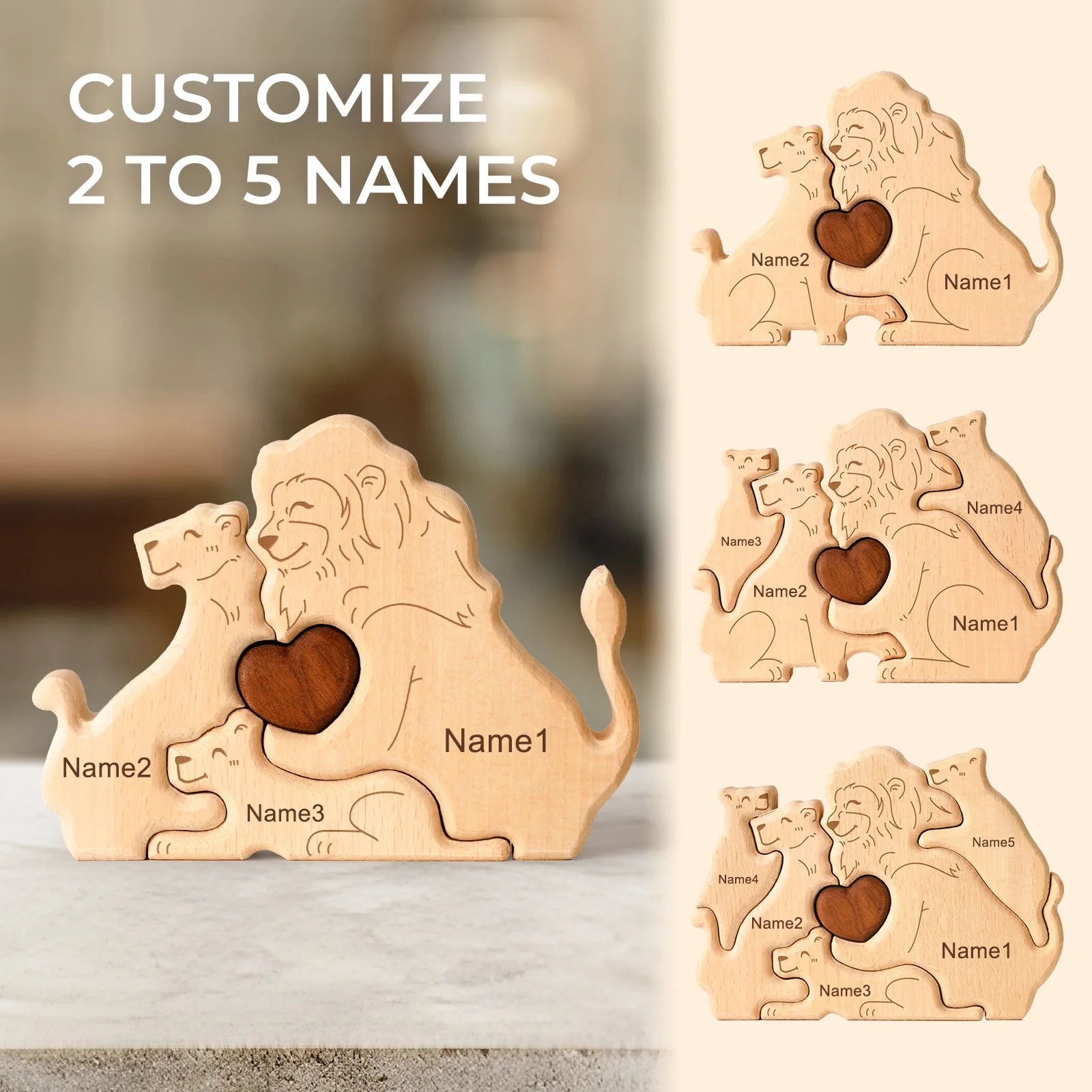 Personalized Wooden Cute Lion Family Puzzle Decor - Image 2