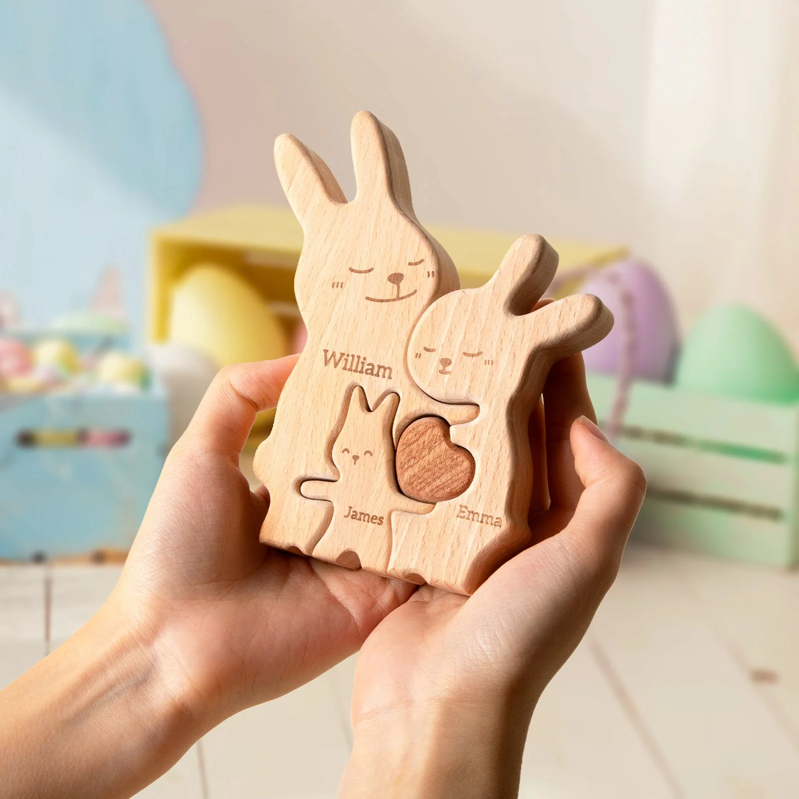 Personalized Wooden Cute Rabbit Family Puzzle Decor - Image 3