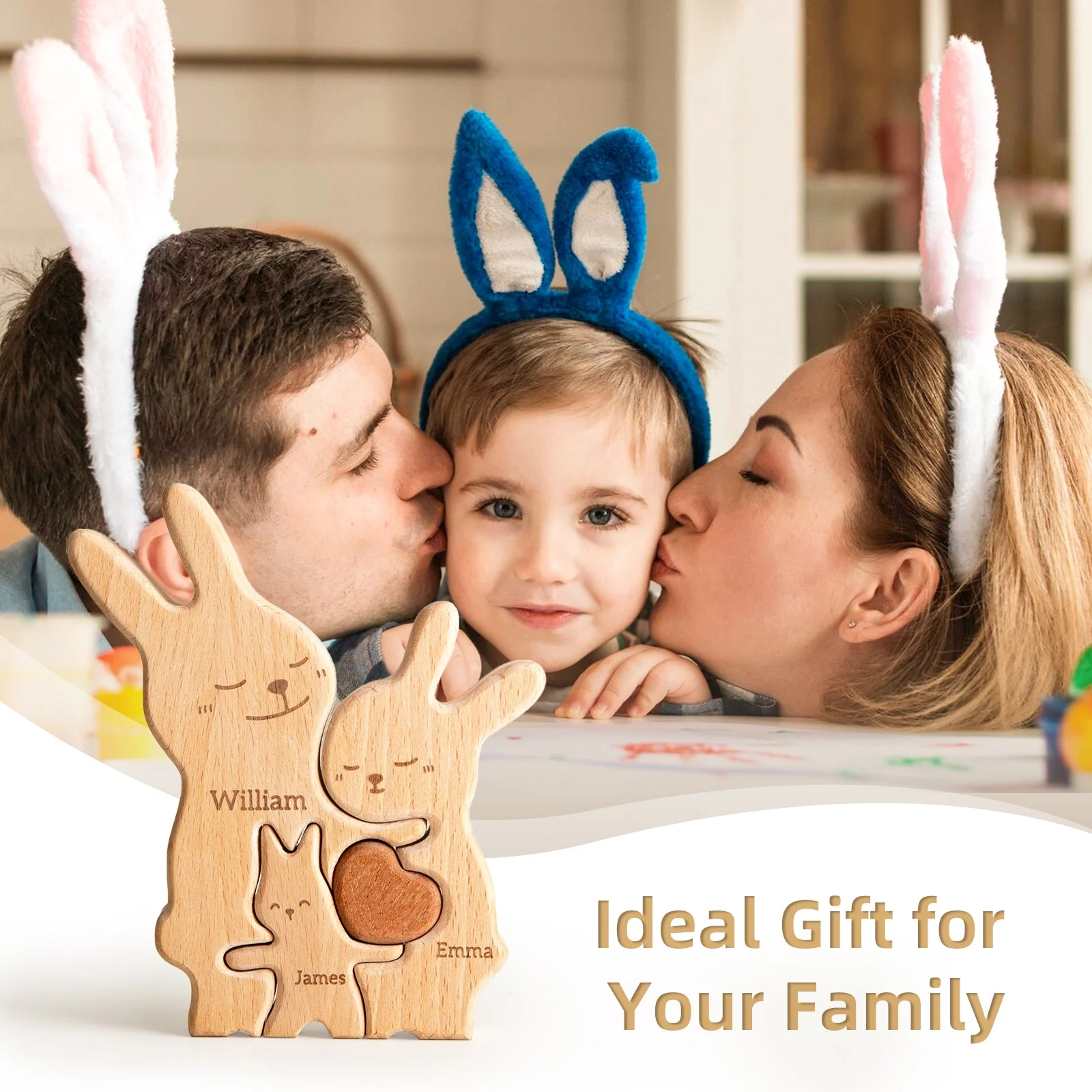 Personalized Wooden Cute Rabbit Family Puzzle Decor - Image 5