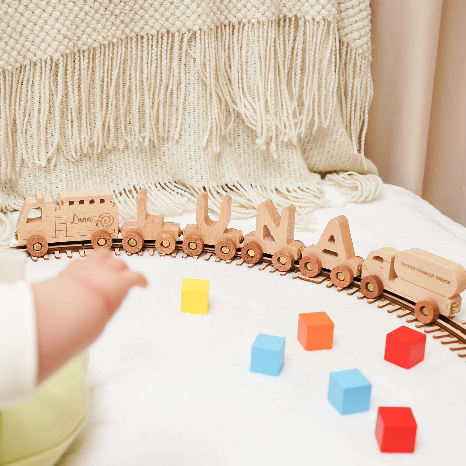 Personalized Wooden Fire Truck Train Set With Name - Image 3