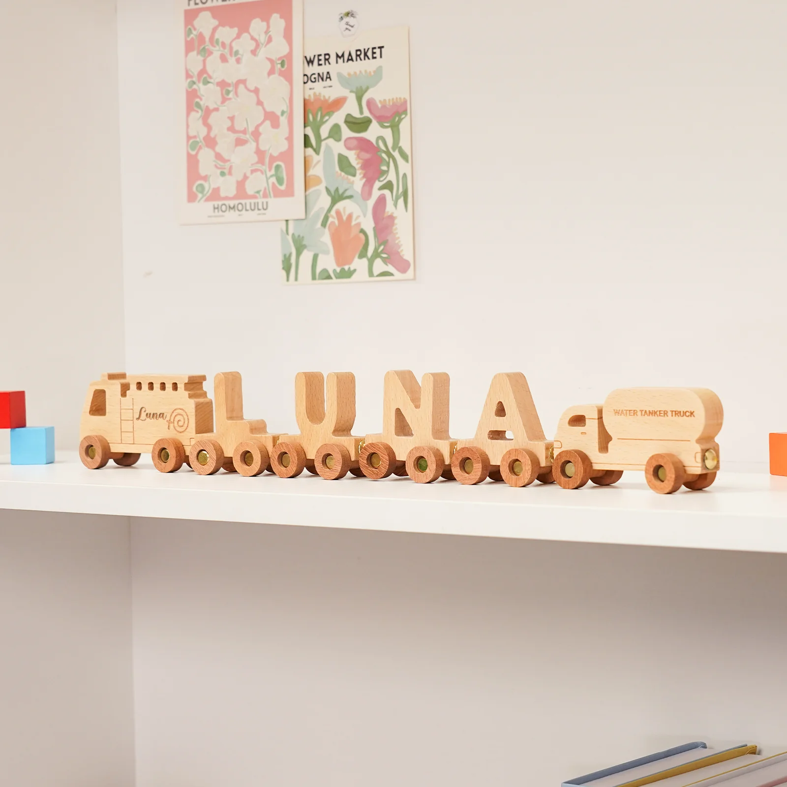 Personalized Wooden Fire Truck Train Set With Name - Image 5