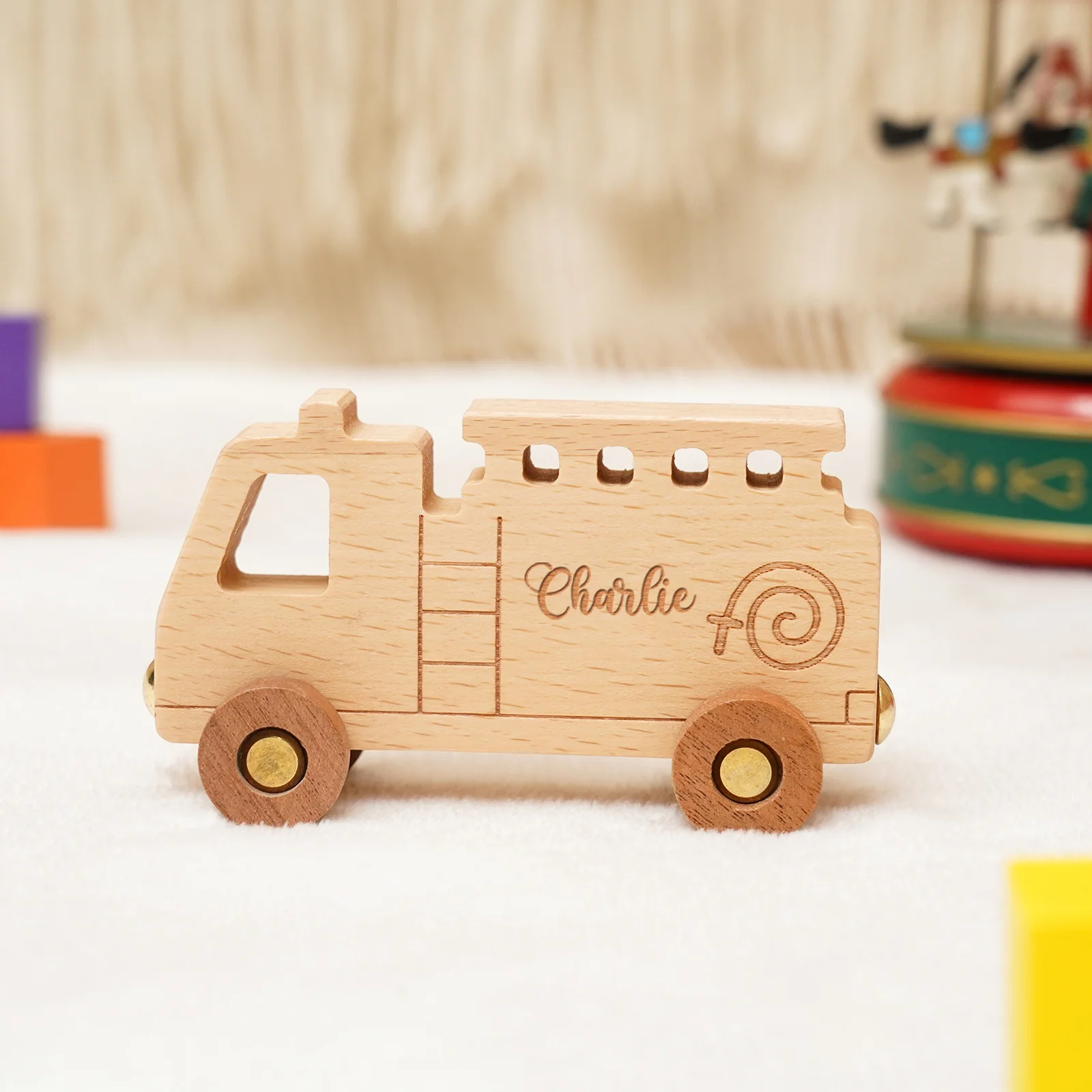 Personalized Wooden Fire Truck Train Set With Name - Image 6