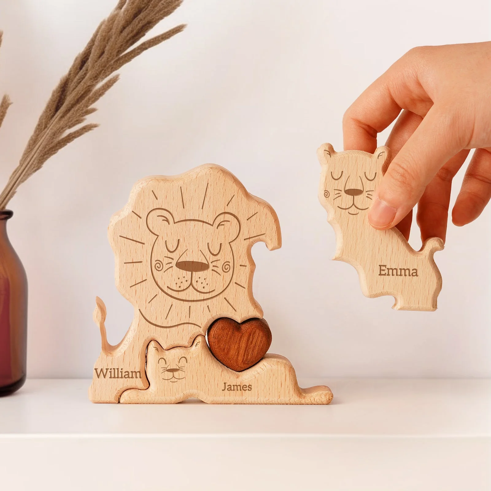Personalized Wooden Lion Family Puzzle Decor - Image 3