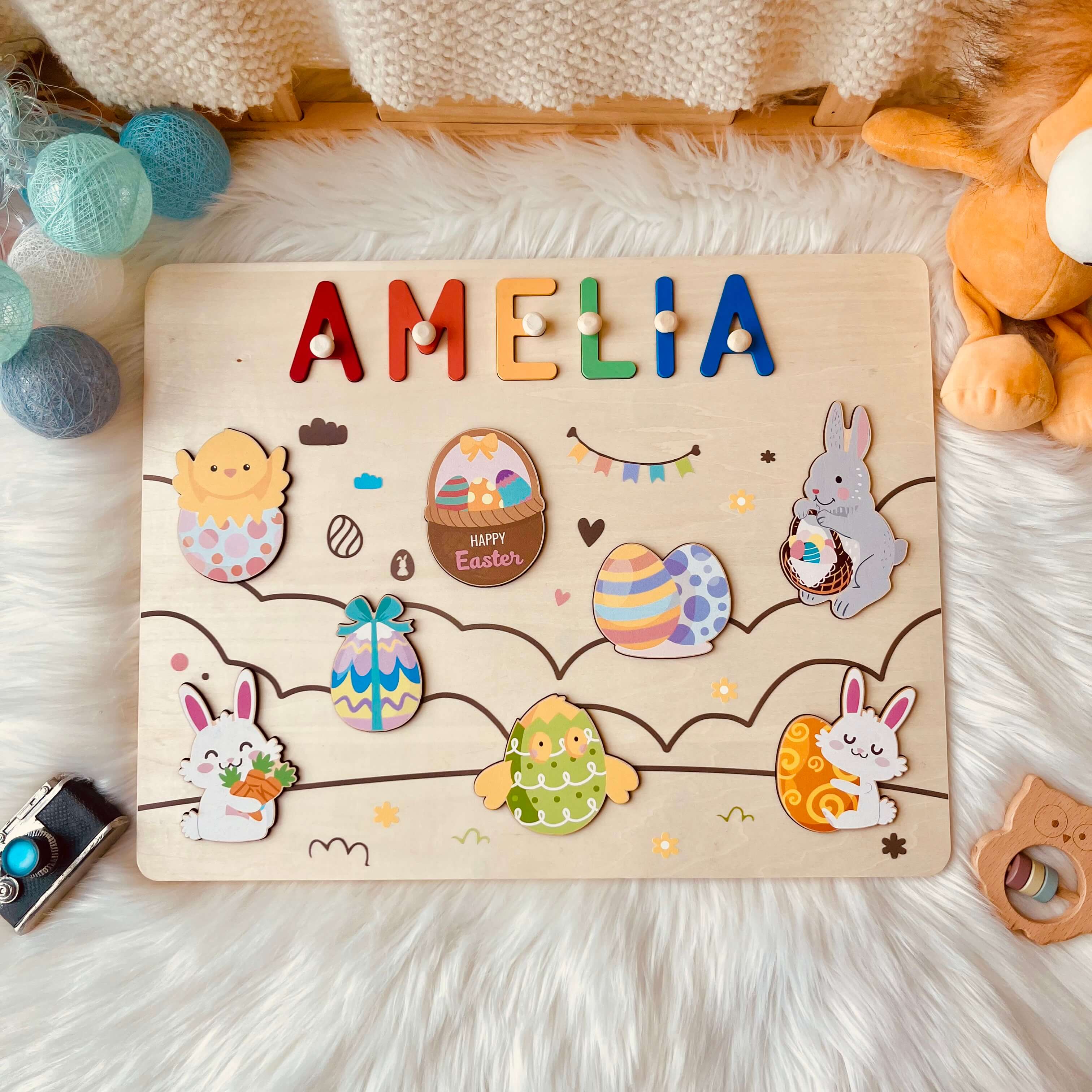Personalized Wooden Name Puzzle - Easter Bunny & Egg Toy - Image 3