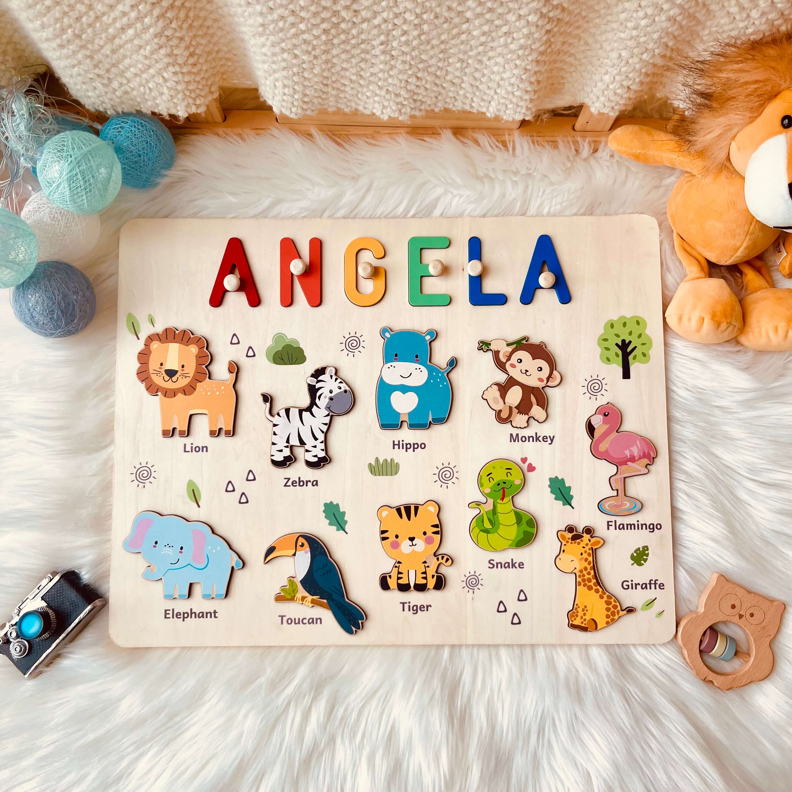 Personalized Wooden Name Puzzle - Safari Animal Learning Toy for Toddlers - Image 3