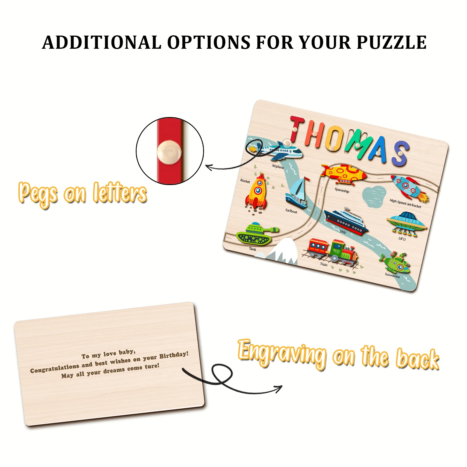 Personalized Wooden Name Puzzle - Vehicle Learning Toy for Toddlers - Image 6
