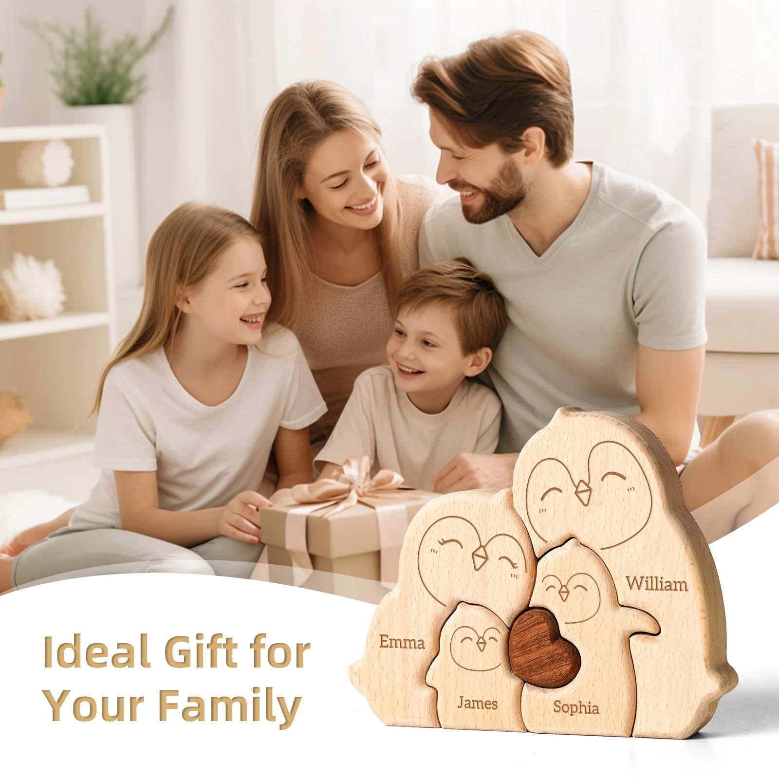 Personalized Wooden Penguin Family Puzzle Decor - Image 4