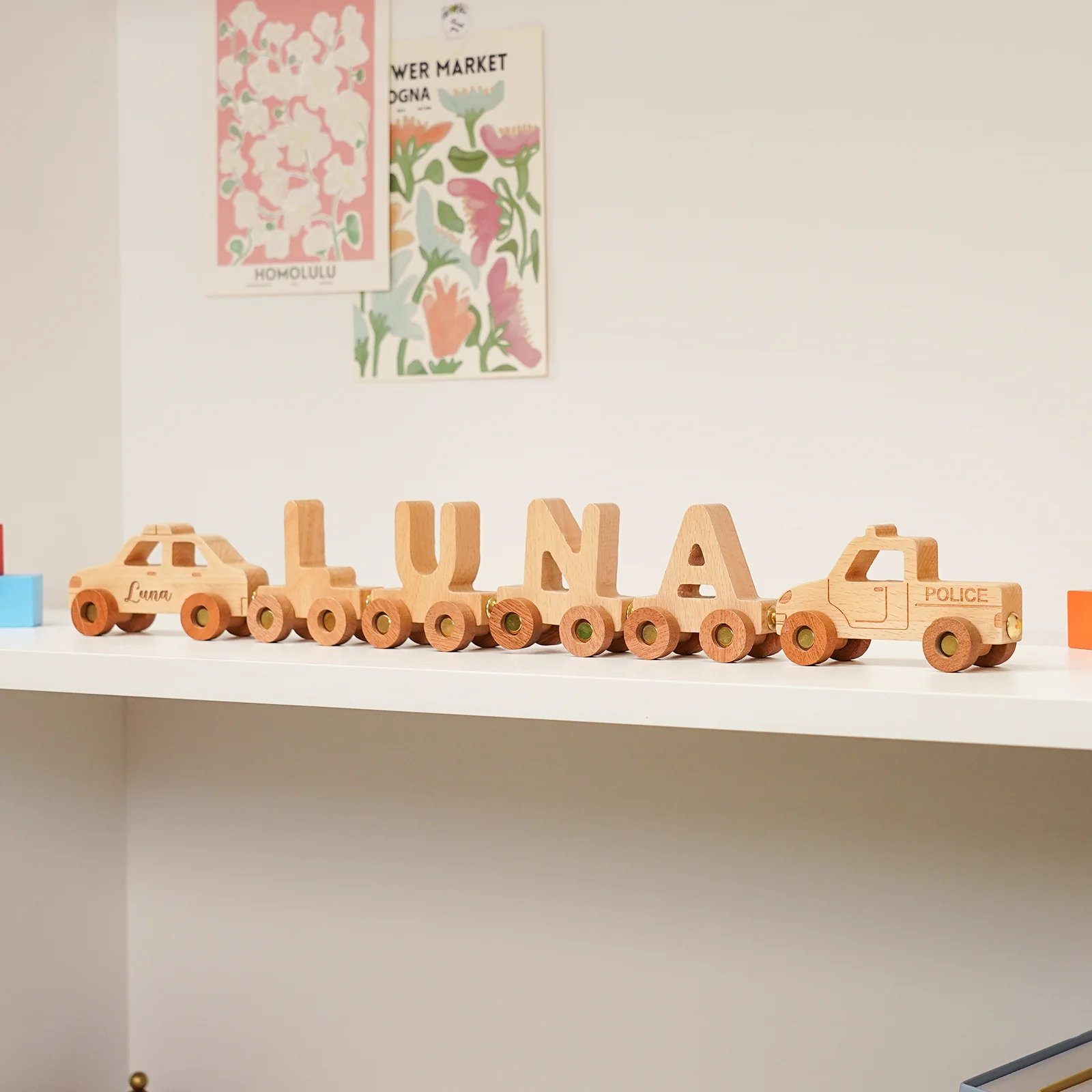 Personalized Wooden Police Car Train Set With Name - Image 3
