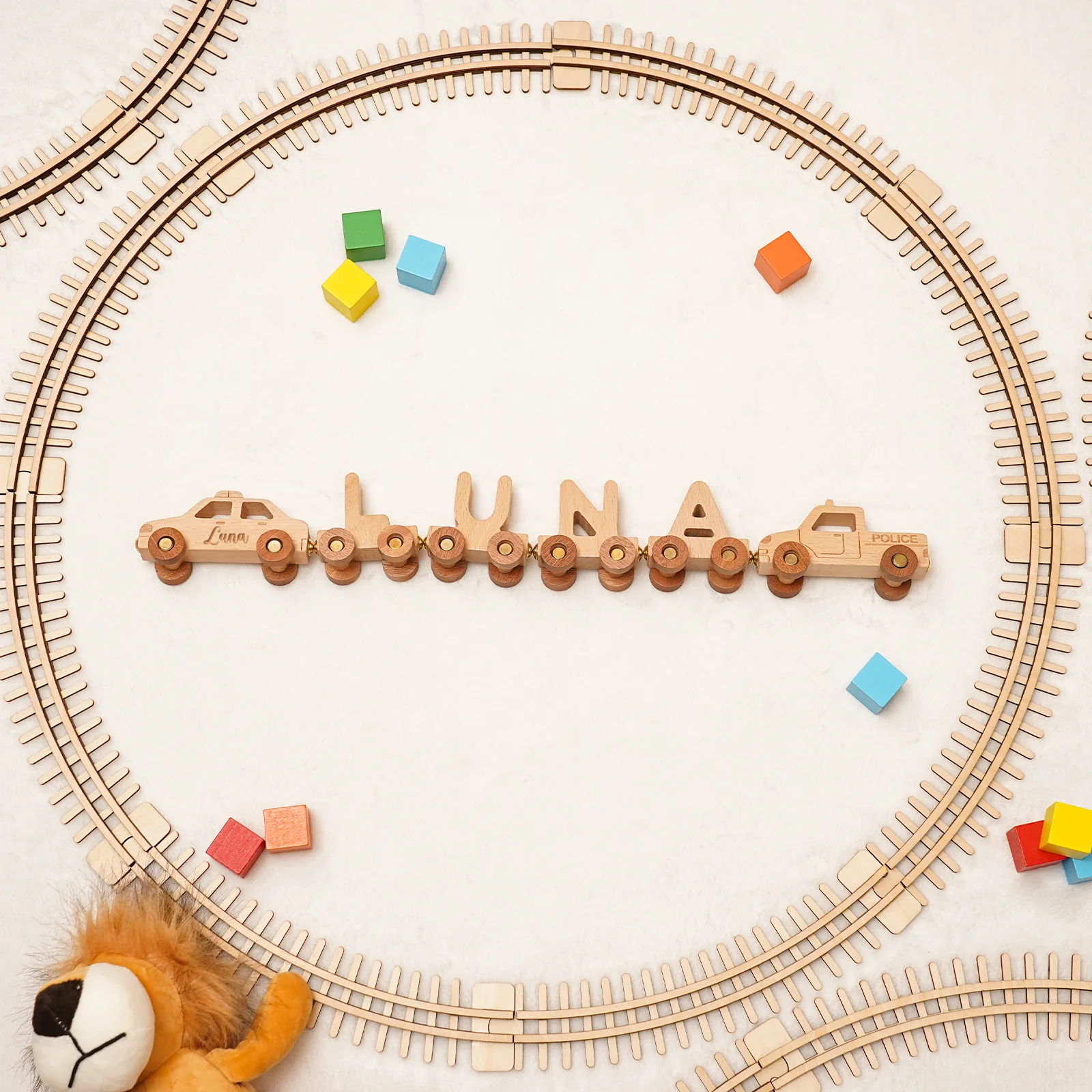 Personalized Wooden Police Car Train Set With Name - Image 5