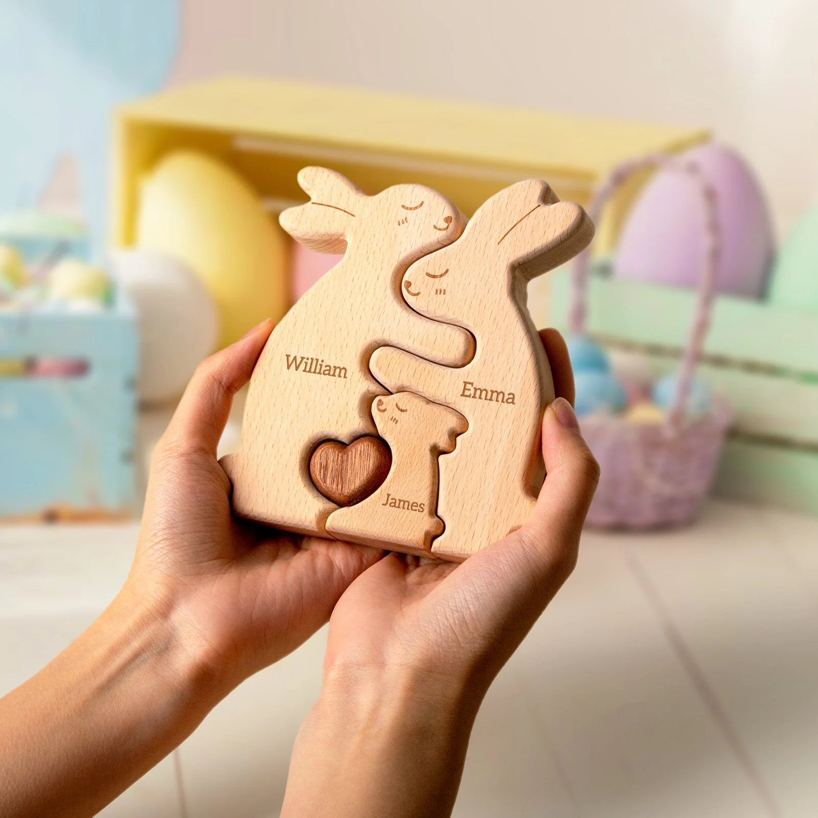 Personalized Wooden Rabbit Family Puzzle Decor - Image 4
