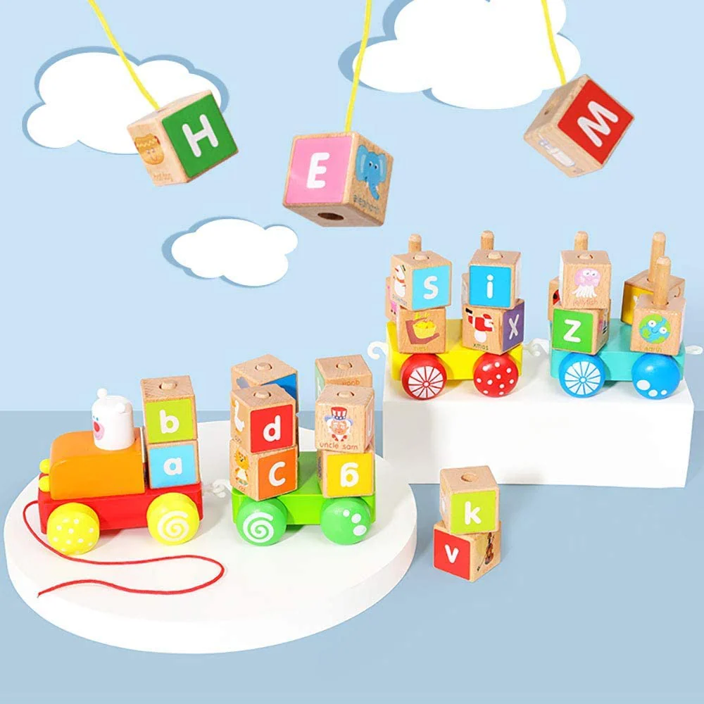 Pull Along Wooden Train Toys 26 PCS Alphabet Letters Block Set - Image 5