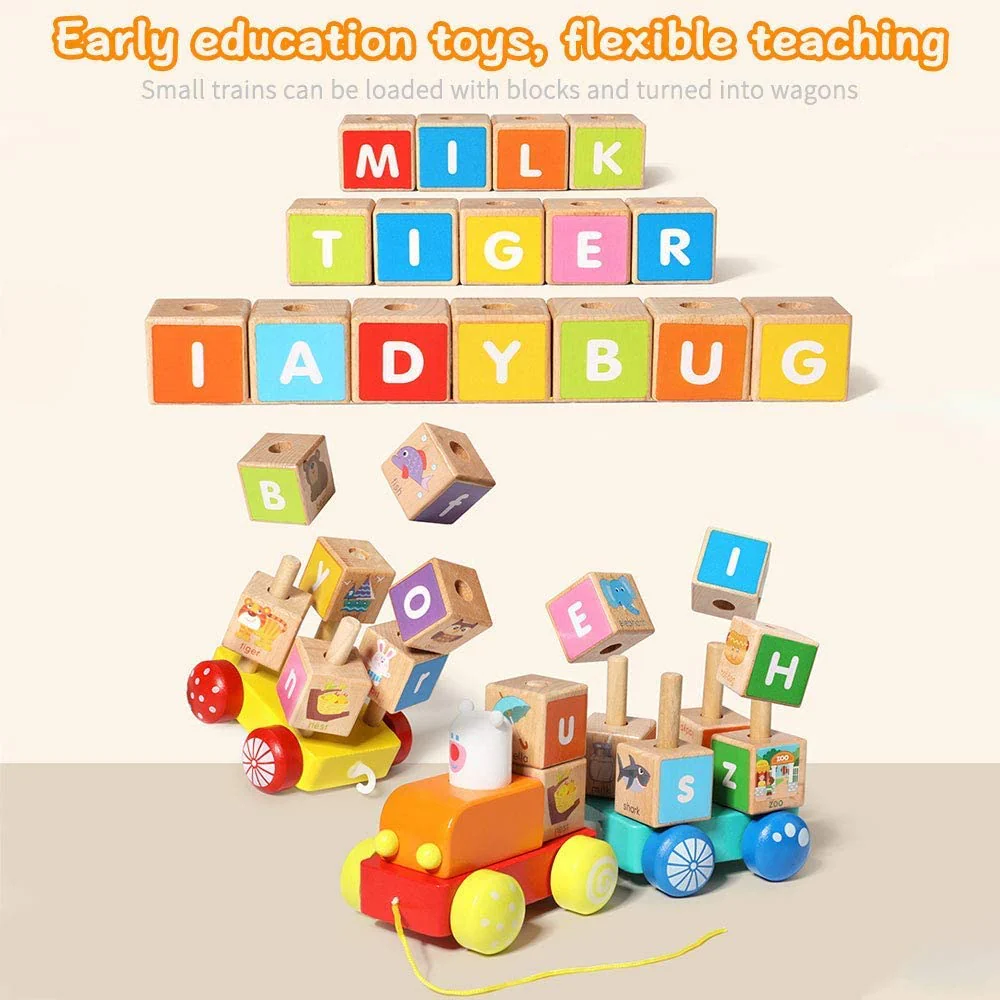 Pull Along Wooden Train Toys 26 PCS Alphabet Letters Block Set - Image 6