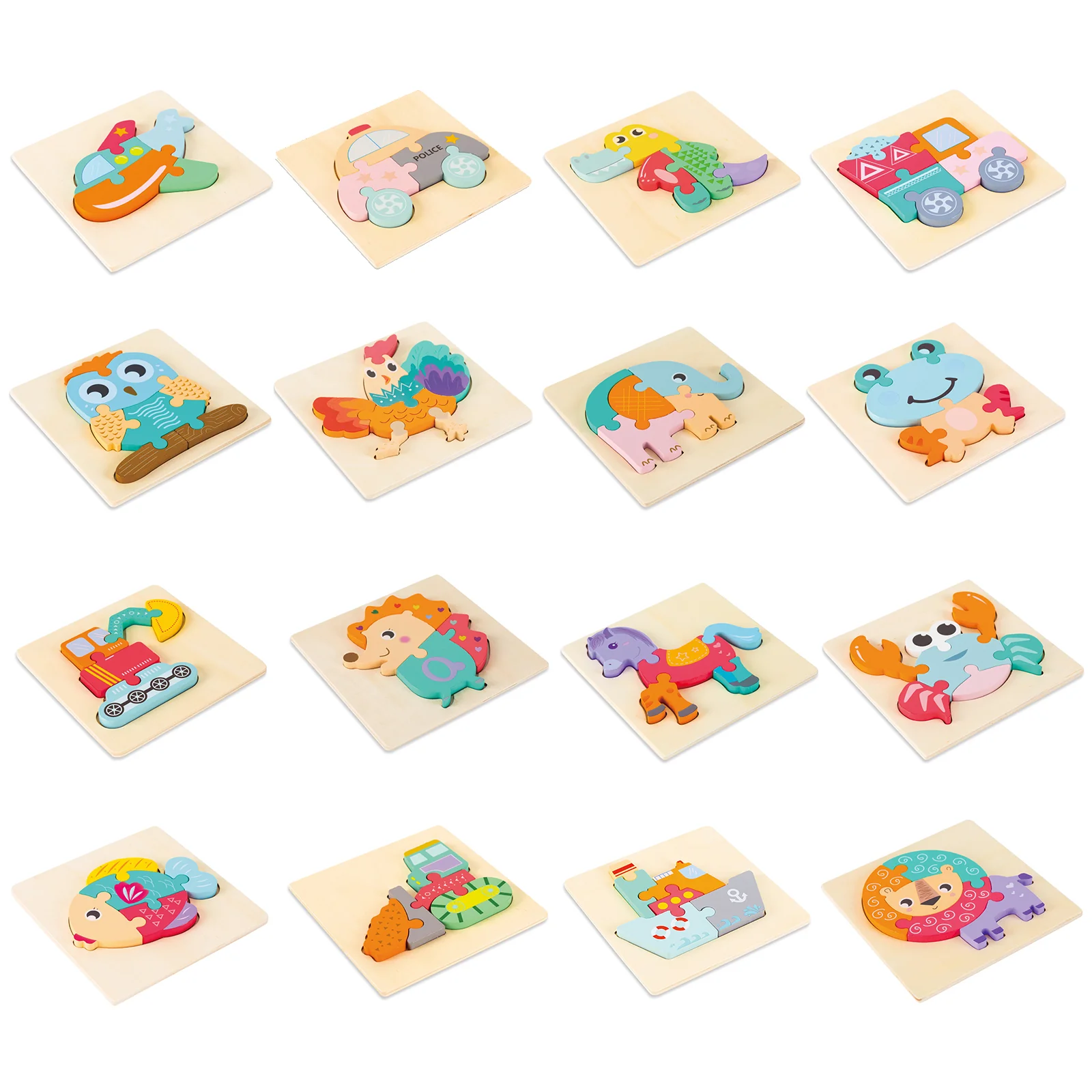 Wooden Cartoon Educational Puzzles (16 Pcs/1 Set) - Image 2